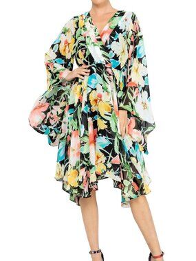 Meghan LA Sunset Black Watercolor Floral Dress XL Flowy Bell Sleeve EUC